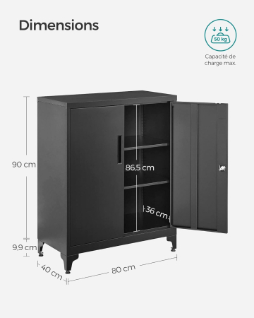 SONGMICS Dulap birou metalic cu 2 usi si sistem de inchidere, multifunctional cu rafturi reglabile, 40x80x90 cm, negru [2]