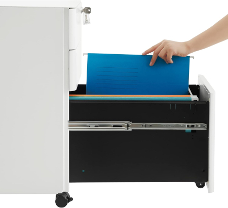SONGMICS Dulap birou rollbox, cu 3 sertare si roti, corp metalic preasamblat cu incuietoare, pentru documente A4, 46x30x59 cm, alb [4]