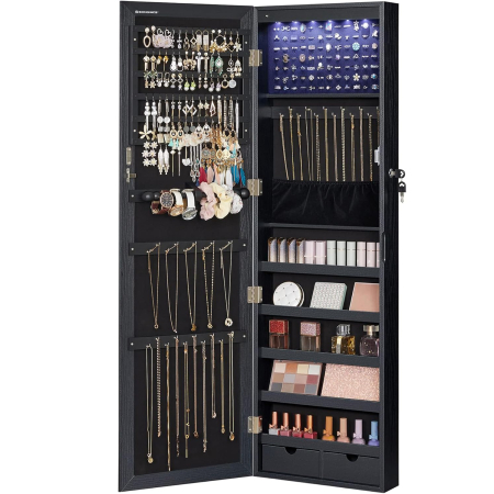 SONGMICS Dulap de bijuterii cu oglinda, din MDF, montare pe perete, 37x10x120 cm, negru [2]