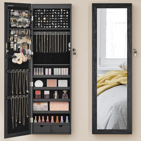 Mese toaleta si oglinzi - SONGMICS Dulap de bijuterii cu oglinda, din MDF, montare pe perete, 37x10x120 cm, negru