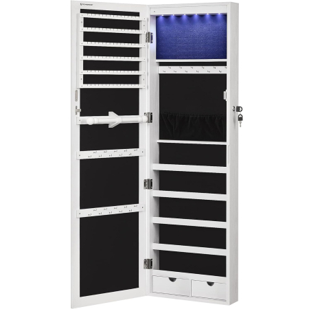 SONGMICS Dulap de bijuterii cu oglinda, montare pe perete, incuietoare, 37x10x120cm, alb [13]