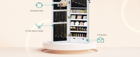 SONGMICS Dulap de bijuterii cu oglinda, montare pe perete, incuietoare, 37x10x120cm, alb [8]