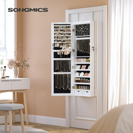 SONGMICS Dulap de bijuterii cu oglinda, montare pe perete, incuietoare, 37x10x120cm, alb [2]