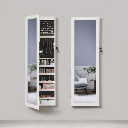 SONGMICS Dulap de bijuterii cu oglinda, montare pe perete, incuietoare, 37x10x120cm, alb [11]