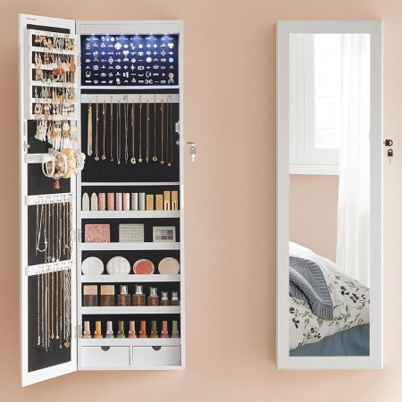 Produse în distribuție - SONGMICS Dulap de bijuterii cu oglinda, montare pe perete, incuietoare, 37x10x120cm, alb