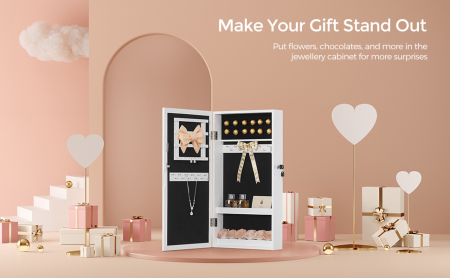 SONGMICS Dulap de bijuterii cu oglinda, montare pe perete, incuietoare, 37x11x67cm, alb [2]