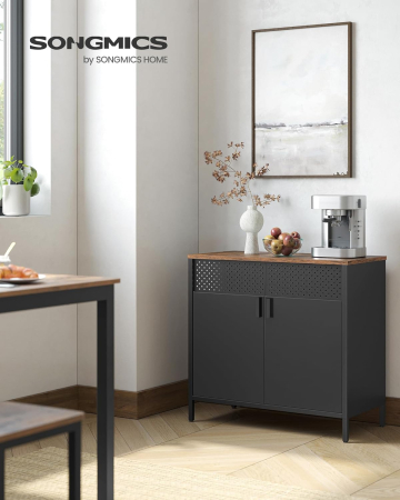 SONGMICS Dulap de depozitare 80x40x76 cm, negru si maro rustic, stil industrial, otel si PAL, cu 2 usi, 1 sertar si panou perforat [8]