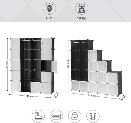SONGMICS Dulap de depozitare modular, 12 compartimente inchise, 2 sine pentru umerase, 178x143x36cm, negru si alb [2]