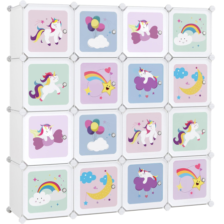 Articole copii - SONGMICS Dulap modular de depozitare jucarii, 16 cuburi cu usi, 123x31x123cm, alb