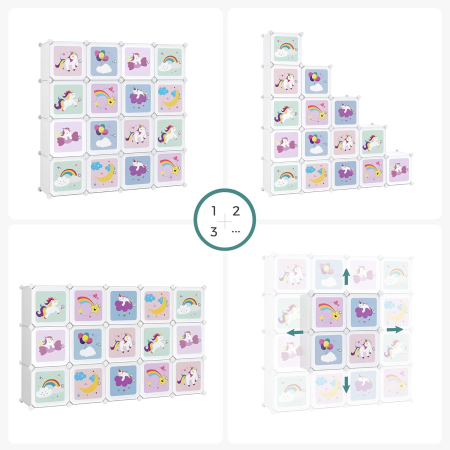 SONGMICS Dulap modular de depozitare jucarii, 16 cuburi cu usi, 123x31x123cm, alb [4]