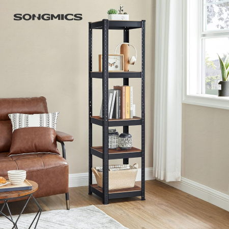 SONGMICS Etajera 5 rafturi ajustabile, structura metalica, stil industrial, MDF, 37x37x150 cm, maro si negru [6]