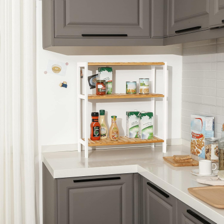 SONGMICS Etajera bambus 60x26x66 cm, cu 3 rafturi, kit anti-rasturnare, alb si natur [1]