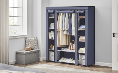 SONGMICS Garderoba din material textil, dulap portabil, cu rafturi si sina de agatat, 150x45x175cm, albastru [9]