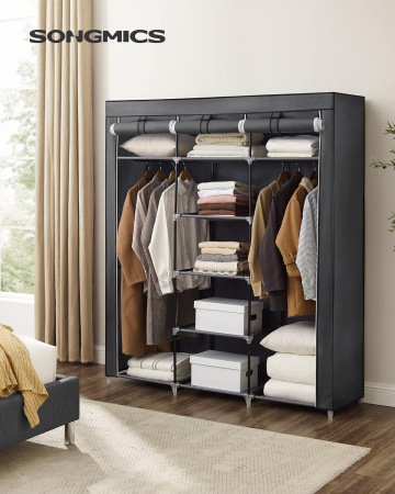 SONGMICS Garderoba pentru depozitarea hainelor, din material textil, cu 3 compartimente, 45x150x175cm, gri [9]