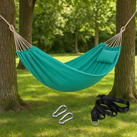 SONGMICS Hamac dublu, accesorii de prindere cu chingi si carabiniere, 210x150 cm, 300 kg, albastru [8]