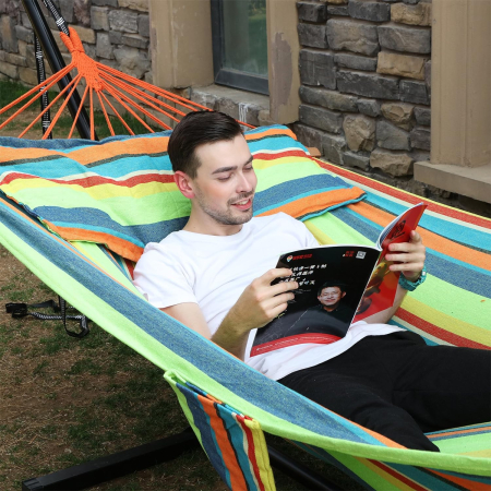 SONGMICS Hamac dublu cu bara lemn, perne incluse, maxim 300 kg, 210x150 cm, multicolor [6]