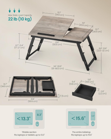 SONGMICS Masa laptop sau mic dejun cu picioare pliabile, din bambus, blat reglabil pe unghi si inaltime, 68x35x32 cm [1]