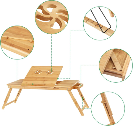 SONGMICS Masa pliabila laptop, din bambus, cu ventilatie si picioare ajustabile, 72x35x29 cm, natur [5]