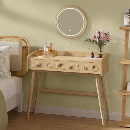 SONGMICS Masuta de toaleta cu oglinda iluminata LED, 3 sertare aspect ratan, stil boho, MDF si lemn, 88x43x82 cm, bej [2]