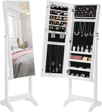 SONGMICS Oglinda de podea cu suport, din MDF, spatiu de depozitare, 41x37x152 cm, alb [8]