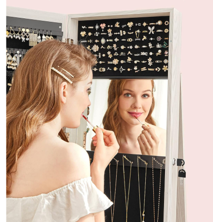 SONGMICS Oglinda de podea cu suport rotativ la 360°, cu spatiu de depozitare, 55x55x161cm, alb cenusiu [4]