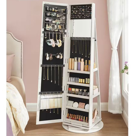 Mese toaleta si oglinzi - SONGMICS Oglinda de podea cu suport rotativ la 360°, cu spatiu de depozitare, 55x55x161cm, alb cenusiu