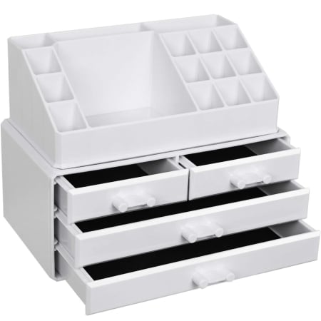 ORGANIZARE - SONGMICS Organizator de cosmetice, cu 4 sertare si 16 compartimente de diferite dimensiuni, 24x14x19cm, alb