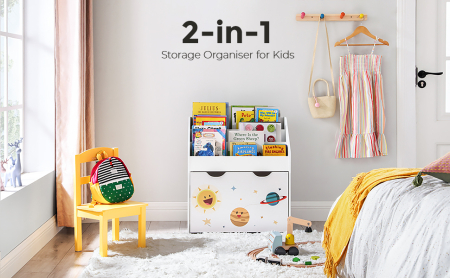 SONGMICS Organizator de jucarii si carti pentru copii, multifunctional, cutie detasabila cu roti, 63x30x70cm, alb [1]