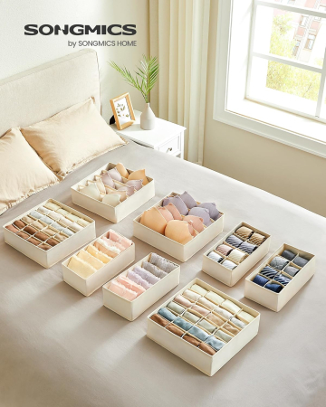 SONGMICS Organizator lenjerie set 8 cutii pliabile din material textil, pentru sertare si dulap, bej [6]