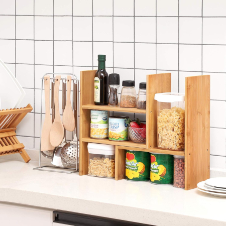 SONGMICS Organizator modular cu 3 forme de depozitare reglabile, din bambus, 65x15x40 cm, maro [1]