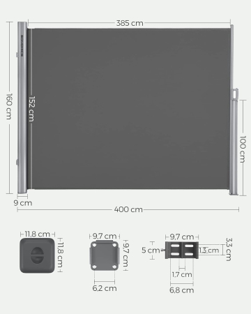SONGMICS Paravan lateral pentru intimitate, extensibil, sistem fixare inclus, 160x400cm, gri [1]