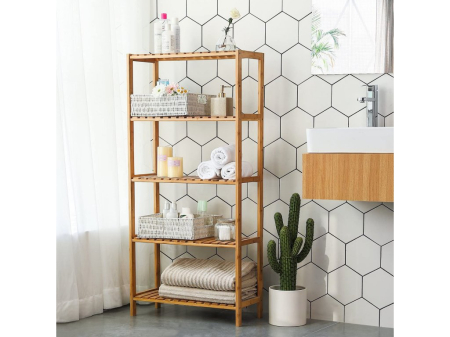 SONGMICS Raft de depozitare din bambus, 5 polite, pentru bucatarie sau baie, 130x60x26cm, maro natural [6]