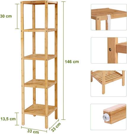 SONGMICS Raft de depozitare din bambus, 5 polite, pentru bucatarie sau baie, 146x33x33cm, maro natural [5]