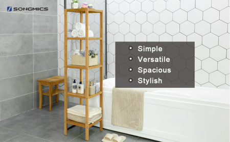 SONGMICS Raft de depozitare din bambus, 5 polite, pentru bucatarie sau baie, 146x33x33cm, maro natural [2]