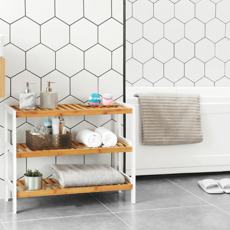 SONGMICS Raft de depozitare din bambus, cu 3 niveluri, 26x70x55cm, alb si maro [4]