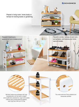 SONGMICS Raft de depozitare din bambus, cu 3 niveluri, 26x70x55cm, alb si maro [9]