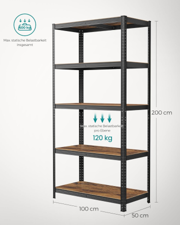 SONGMICS Raft de depozitare metalic, cu polite din PAL, 5 polite, max. 600 kg, 200x100x50cm, maro si negru [5]