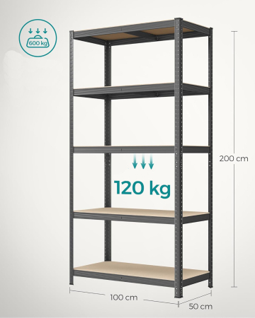 SONGMICS Raft de depozitare metalic, cu rafturi din MDF, 5 polite, max. 600 kg, 200x100x50cm, gri [2]