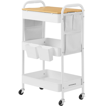 Mobilier bucatarie - SONGMICS Raft de depozitare mobil tip carucior rulant, pentru baie sau bucatarie, cadru otel cu blat MDF, 31x44x74 cm, alb