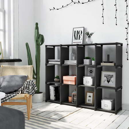 SONGMICS Raft de depozitare modular cu 12 cuburi, textil, personalizabil, 30x105x140 cm, negru [2]
