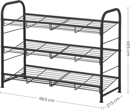 SONGMICS Raft de depozitare pantofi, din metal, pe 3 niveluri, cu rafturi unghiulare reglabile, 28x69x50cm, negru [4]
