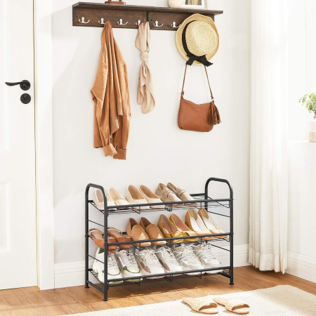 SONGMICS Raft de depozitare pantofi, din metal, pe 3 niveluri, cu rafturi unghiulare reglabile, 28x69x50cm, negru [5]