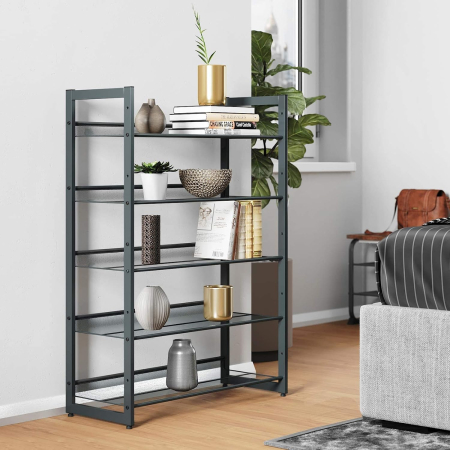 SONGMICS Raft de depozitare pantofi pe 5 niveluri, metal, rafturi plate sau unghiulare reglabile, 31x74x104cm, negru [9]