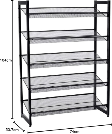 SONGMICS Raft de depozitare pantofi pe 5 niveluri, metal, rafturi plate sau unghiulare reglabile, 31x74x104cm, negru [2]