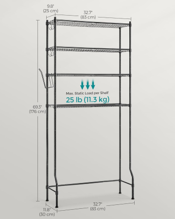 SONGMICS Raft de depozitare pentru baie, suprapunere peste masina spalat sau vas WC, 30x83x176 cm, negru [2]