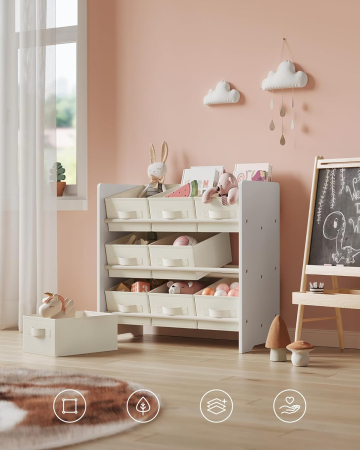 SONGMICS Raft jucarii si carti 63x30x60 cm, cu 9 cutii textile detasabile, MDF, alb [4]