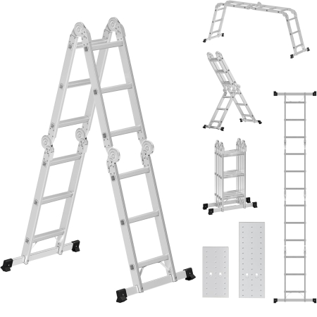 Produse în distribuție - SONGMICS Scara multifunctionala din aluminiu, cu 2 placi tip platforma, 12 trepte, sarcina 150 kg, gri