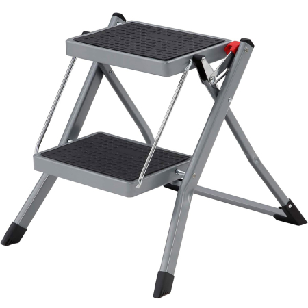 Rafturi depozitare - SONGMICS Scara pliabila cu 2 trepte, cauciuc antiderapant, cu maner, sarcina 150 kg, otel, 50x60x44cm, gri si negru
