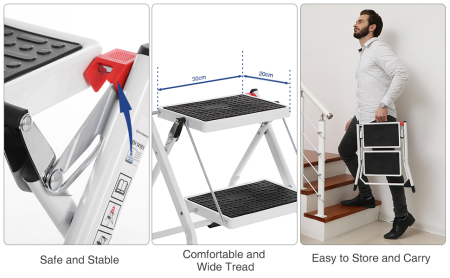 SONGMICS Scara pliabila cu 2 trepte, sarcina 150 kg, otel, 50x60x44 cm, alb si negru [7]