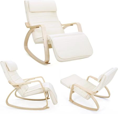 SONGMICS Scaun balansoar din lemn, suport picioare reglabil, maxim 150kg, 55x115x91cm, bej [7]